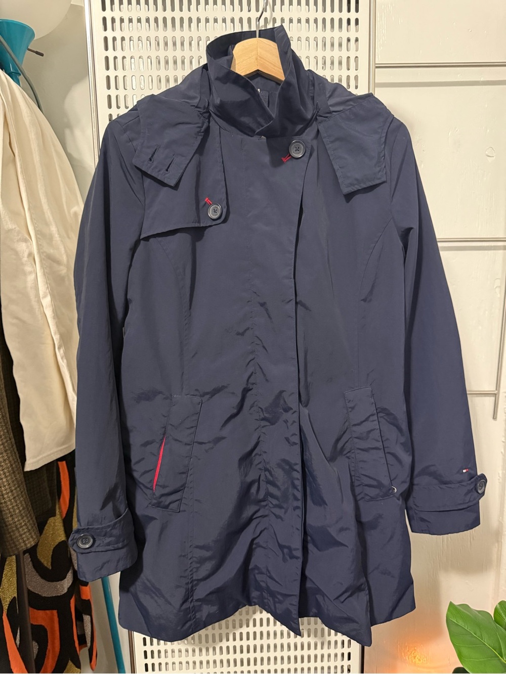 Tommy Hilfiger Navy Lightweight Trench Coat with Red Accents